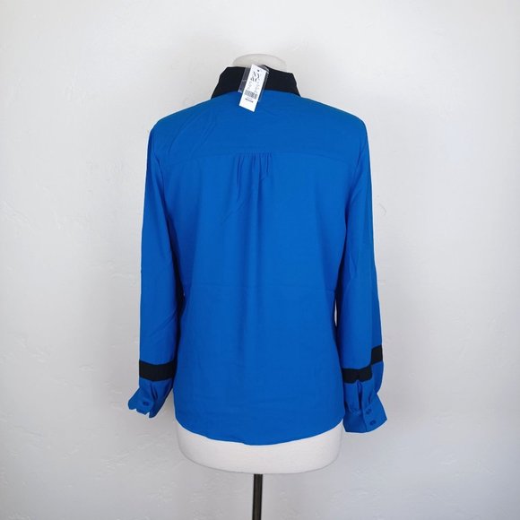NY&C Women's Blouse Bow Front Long Sleeve Colorblock Blue Black Size Medium - Picture 5 of 7